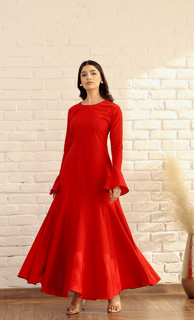 Red cotton flare dress