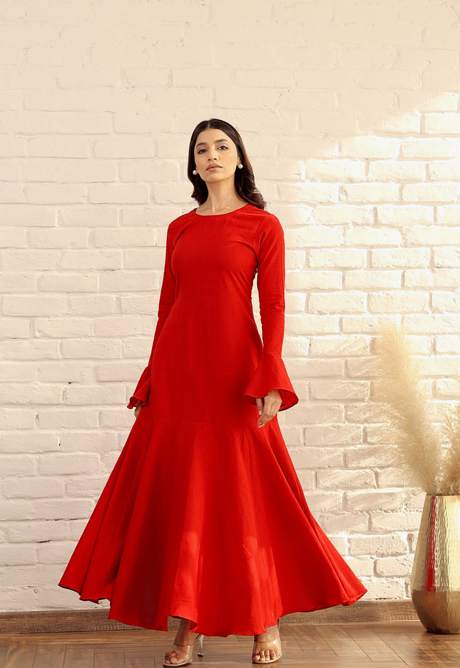 Red cotton flare dress
