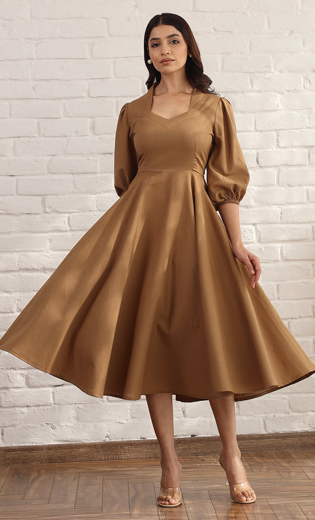 Brown flare bias cut midi dress