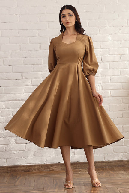 Brown flare bias cut midi dress