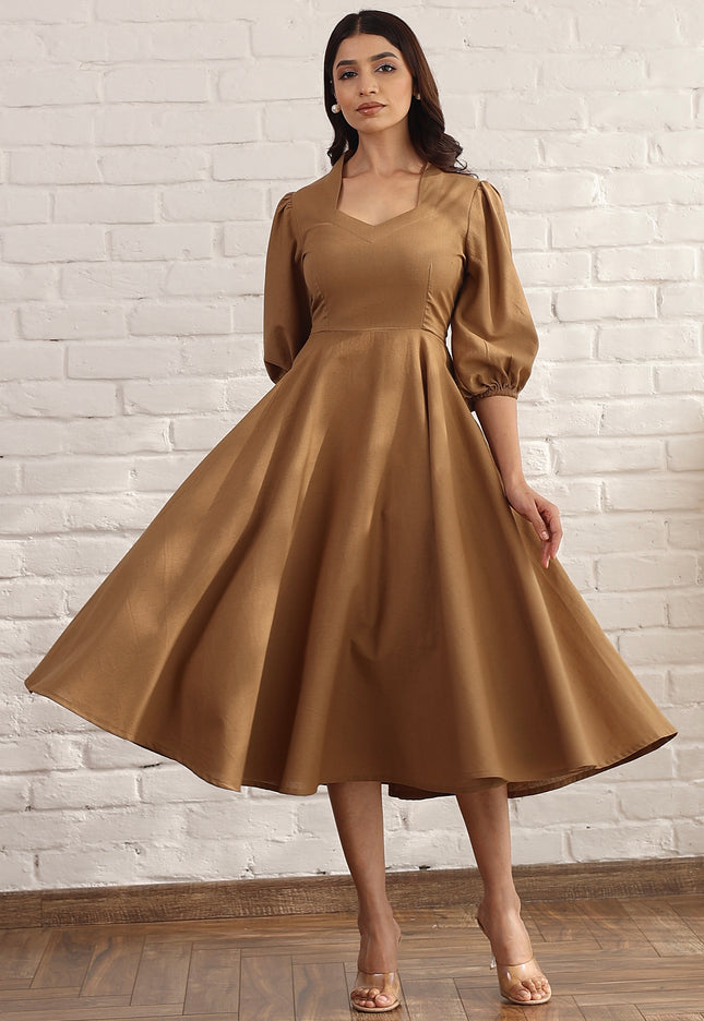 Brown flare bias cut midi dress