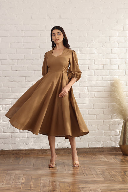 Brown flare bias cut midi dress