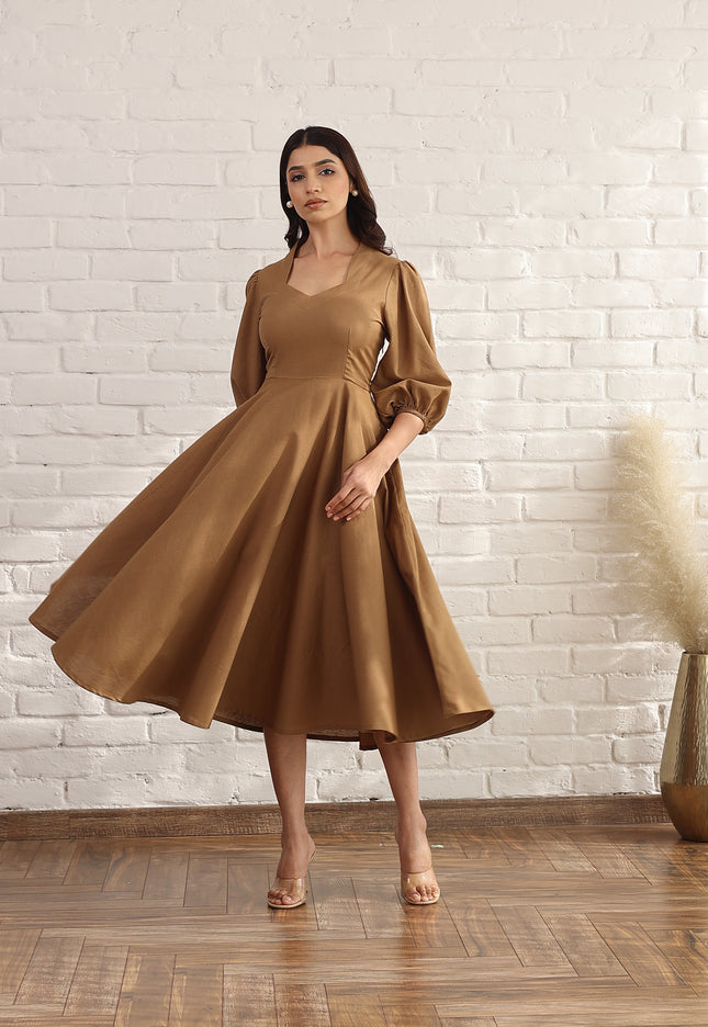 Brown flare bias cut midi dress
