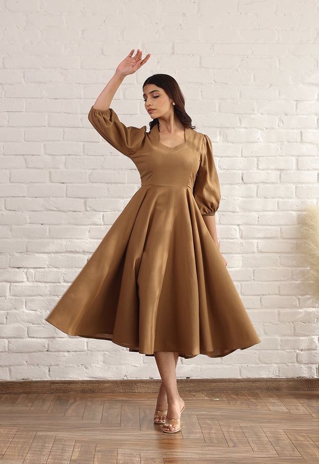 Brown flare bias cut midi dress