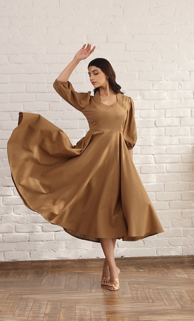 Brown flare bias cut midi dress