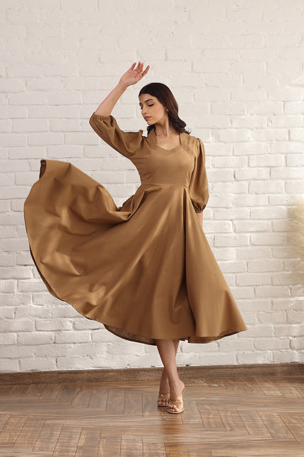 Brown flare bias cut midi dress