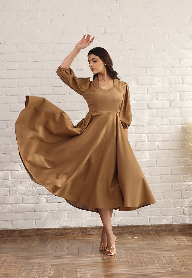 Brown flare bias cut midi dress