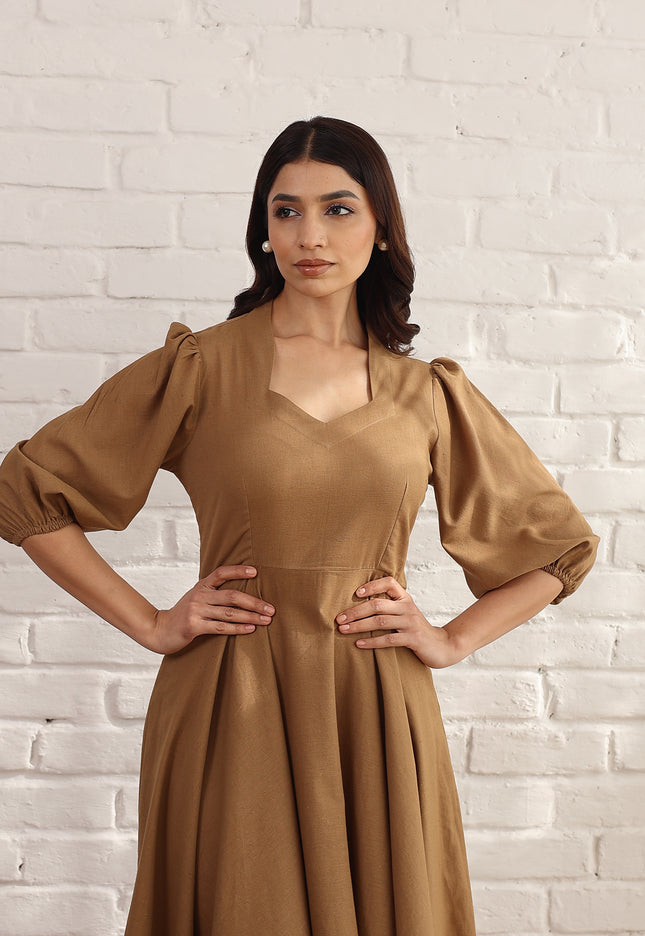 Brown flare bias cut midi dress