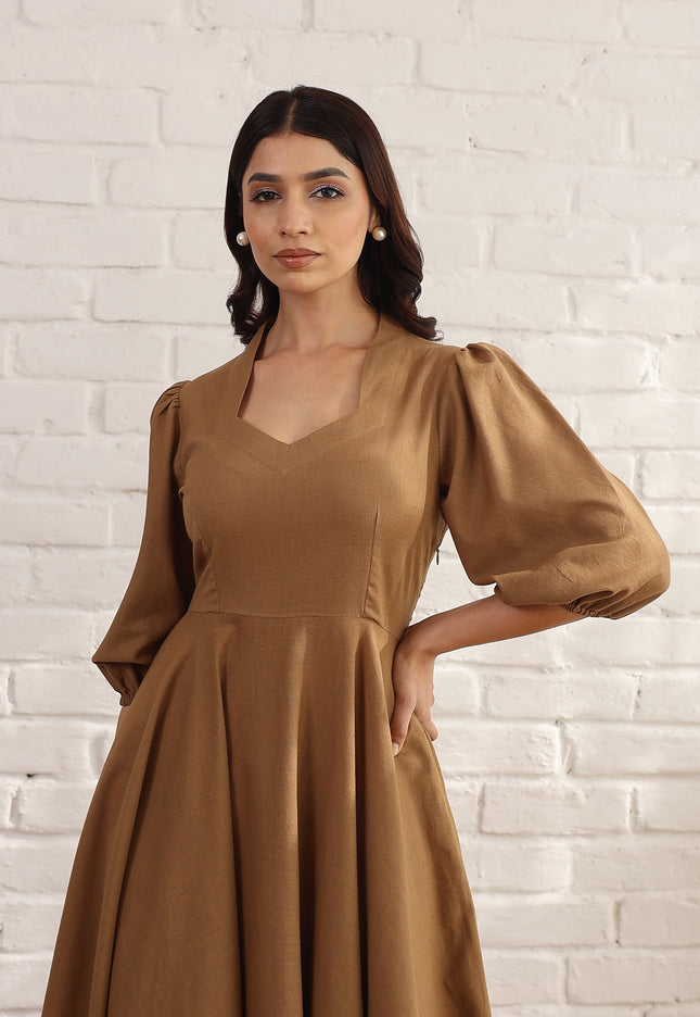Brown flare bias cut midi dress