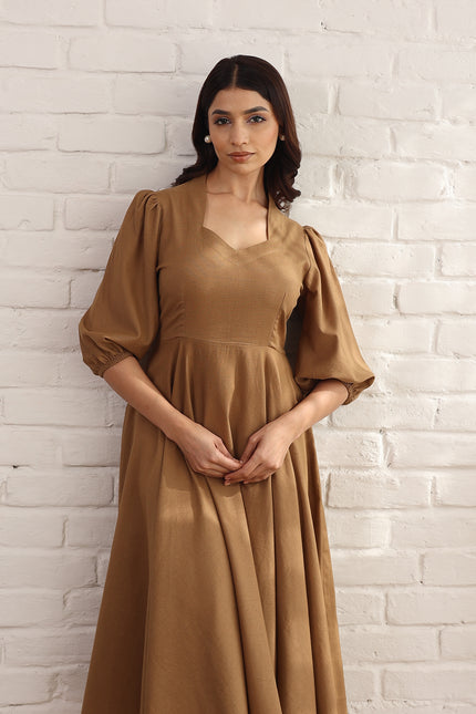 Brown flare bias cut midi dress