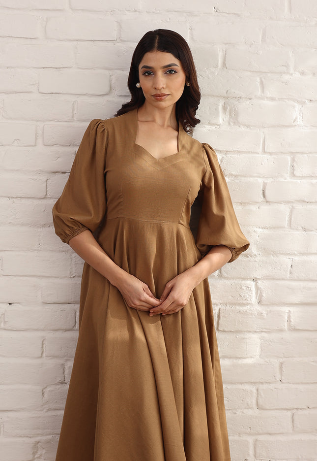 Brown flare bias cut midi dress