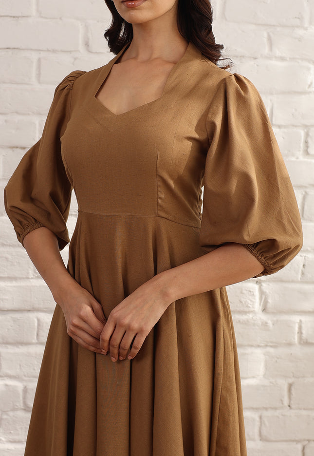 Brown flare bias cut midi dress