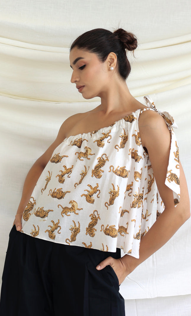 Printed one shoulder tie-up top