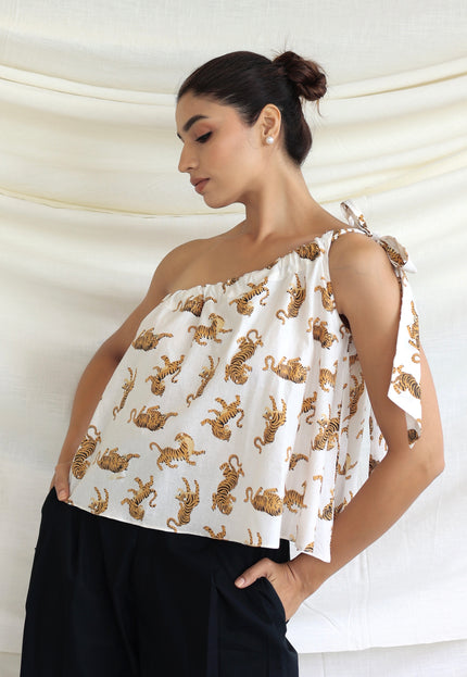 Printed one shoulder tie-up top