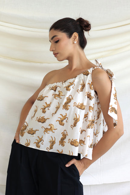 Printed one shoulder tie-up top