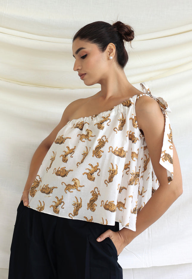Printed one shoulder tie-up top