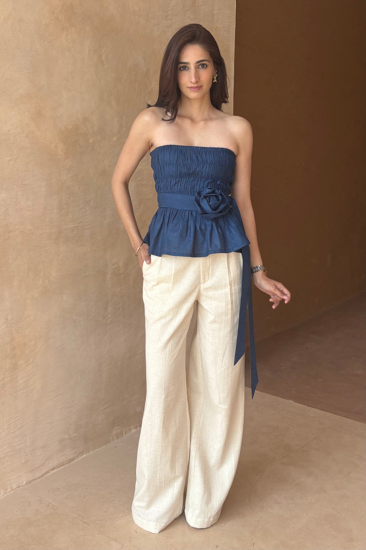 Cotton denim smocked top