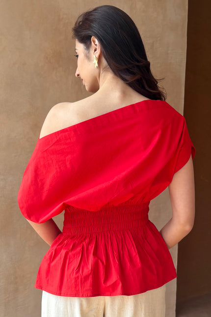 Red drop shoulder top
