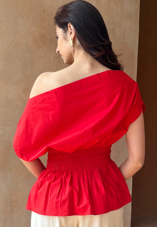 Red drop shoulder top