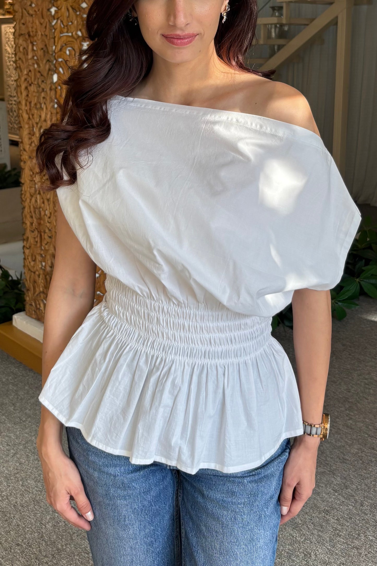 White drop shoulder top