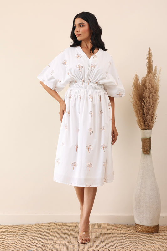 White cotton printed midi dress