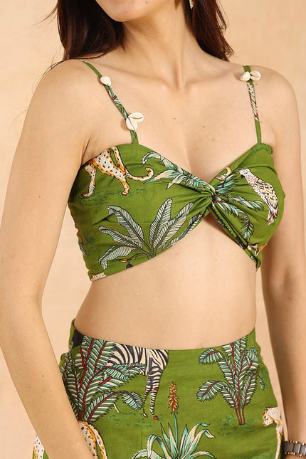 Green printed skirt + bandeau top