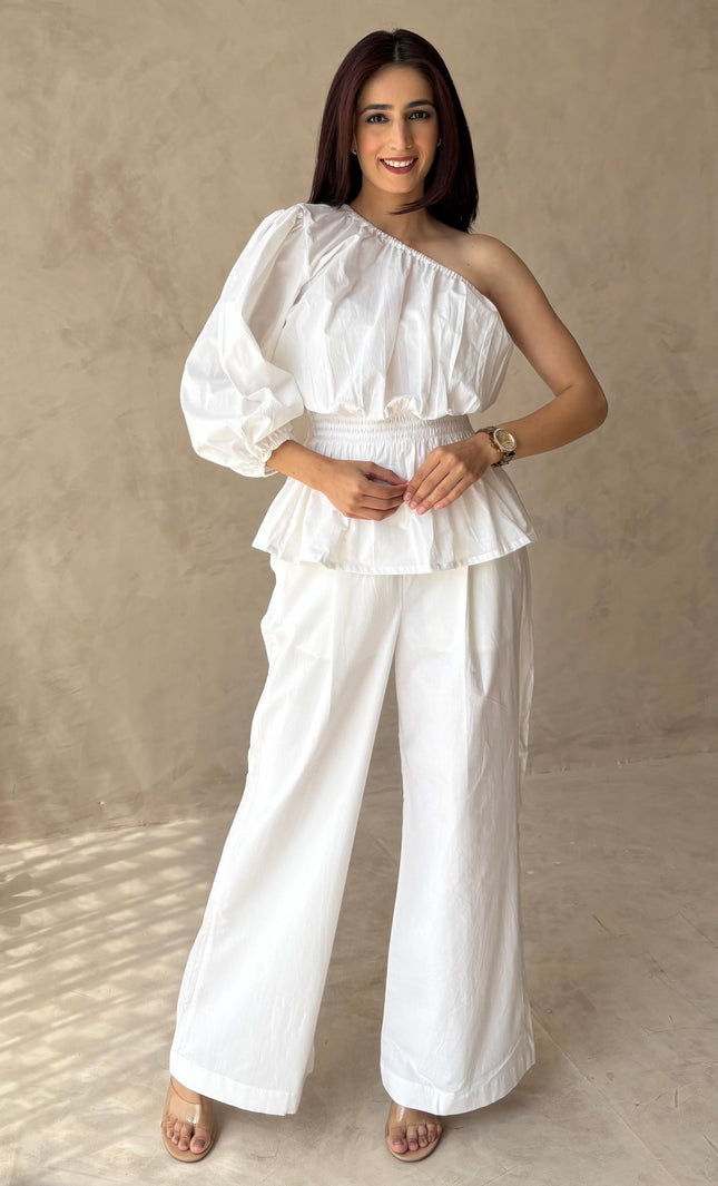 Cotton white pants & one shoulder top