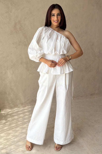 Cotton white pants & one shoulder top