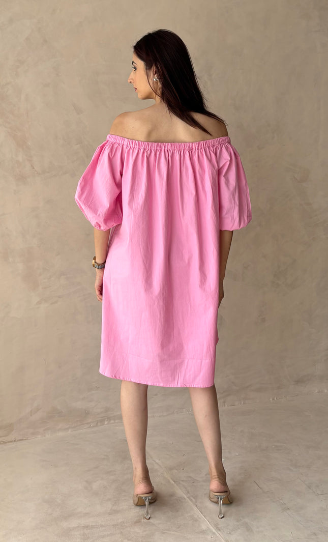 Baby pink off shoulder cotton dress
