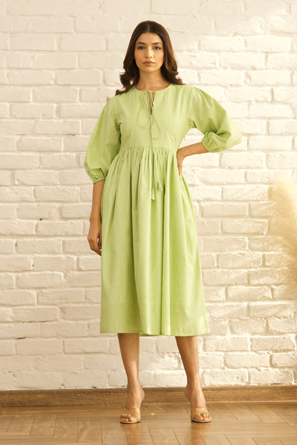 Green gathered midi dress