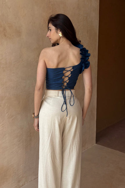 Cotton denim frilled top