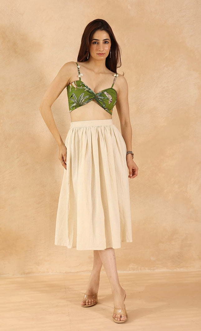 Green printed bandeau + midi skirt