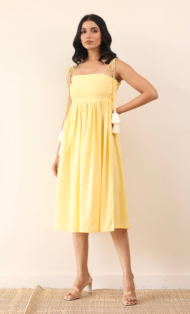 Yellow gathered midi dress