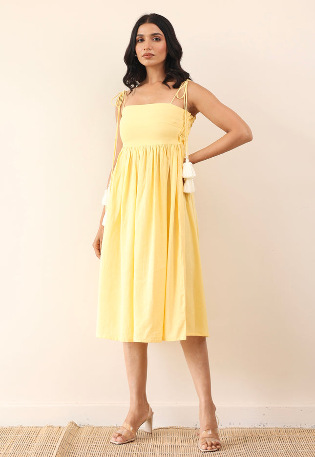 Yellow gathered midi dress