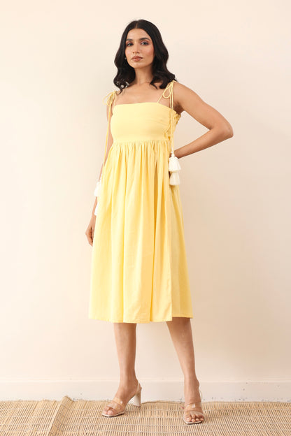 Yellow gathered midi dress