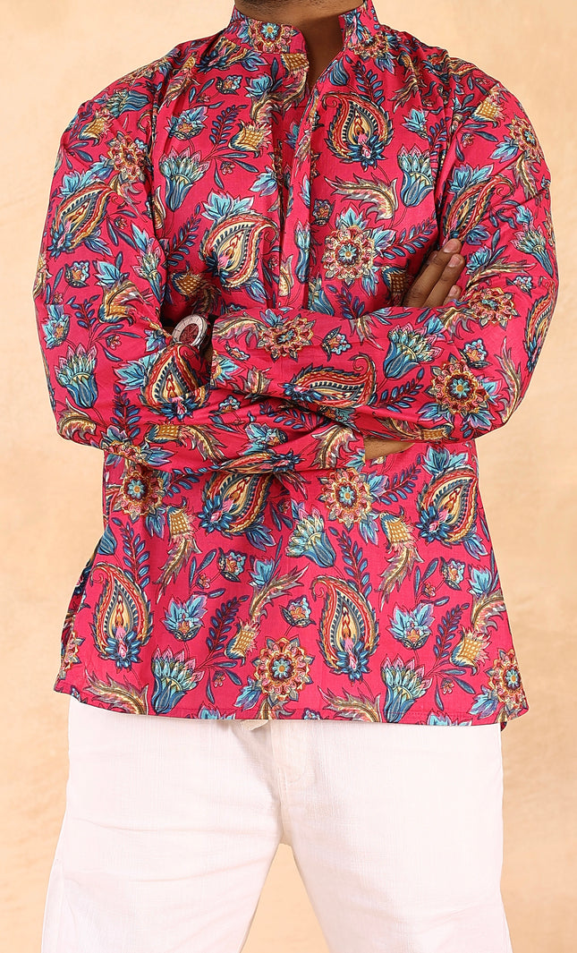 Pink printed men straight kurta