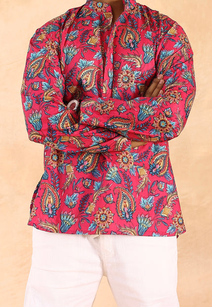 Pink printed men straight kurta