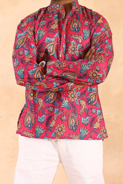 Pink printed men straight kurta