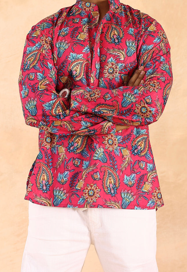 Pink printed men straight kurta