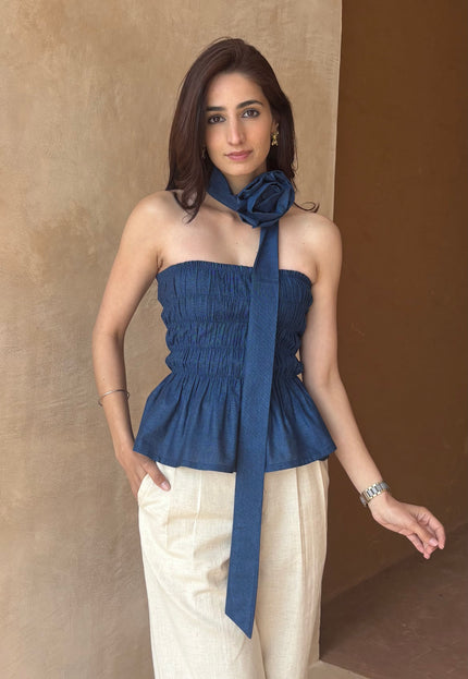 Cotton denim smocked top