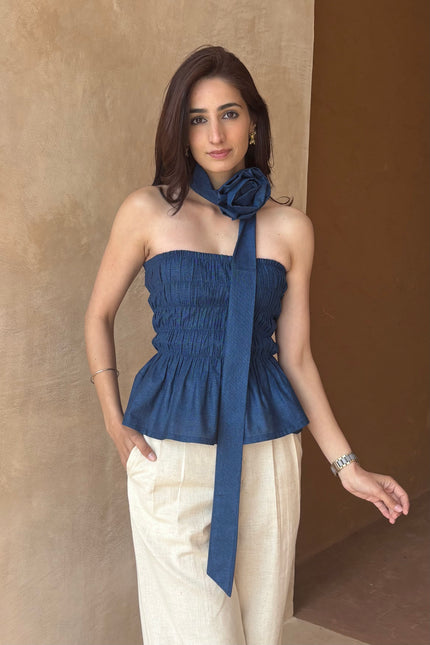 Cotton denim smocked top