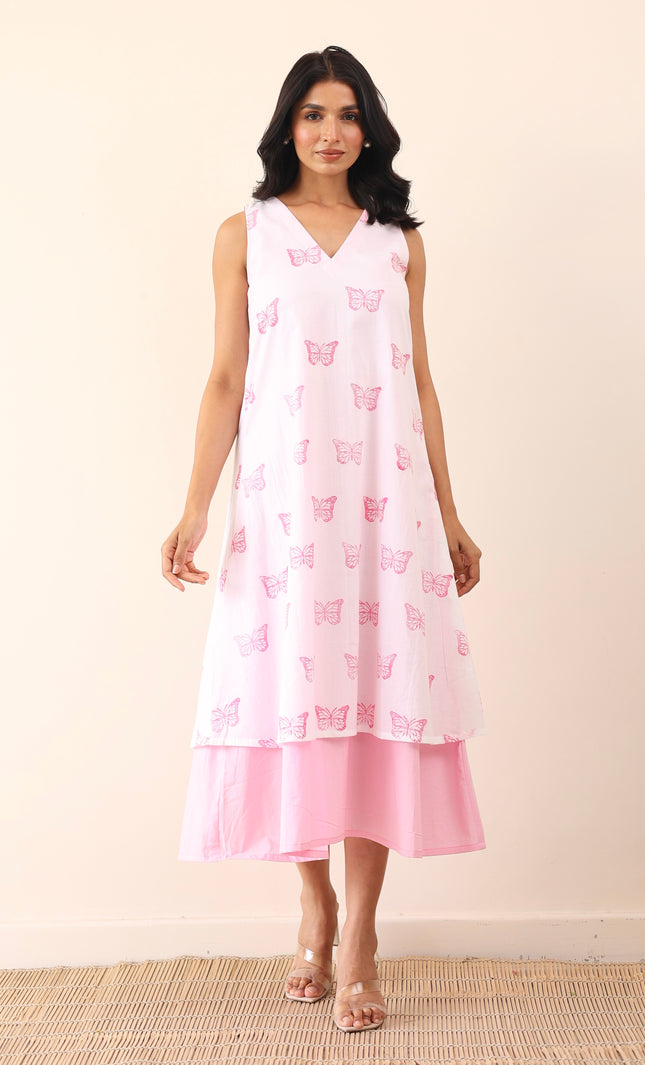 Cotton double layered printed midi dress