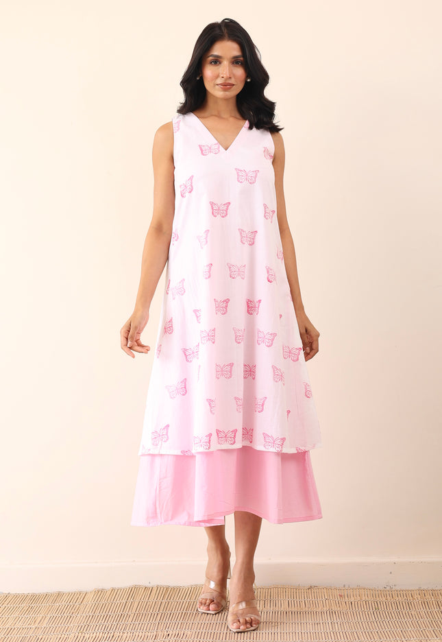 Cotton double layered printed midi dress