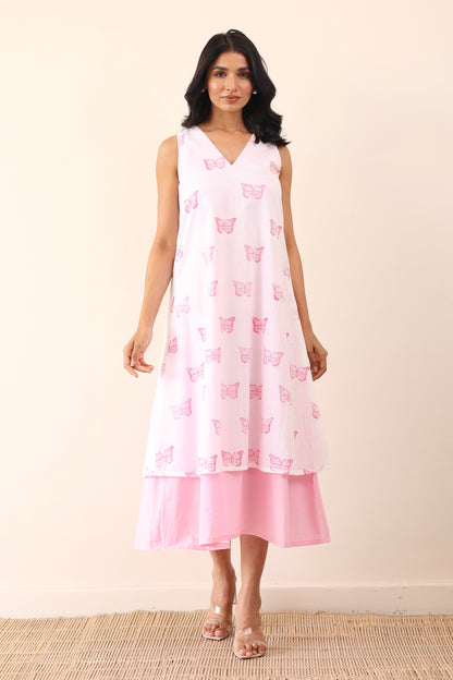 Cotton double layered printed midi dress