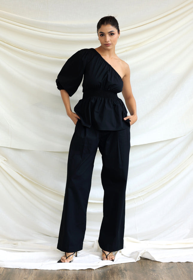 Black co-ord trouser and one shoulder top