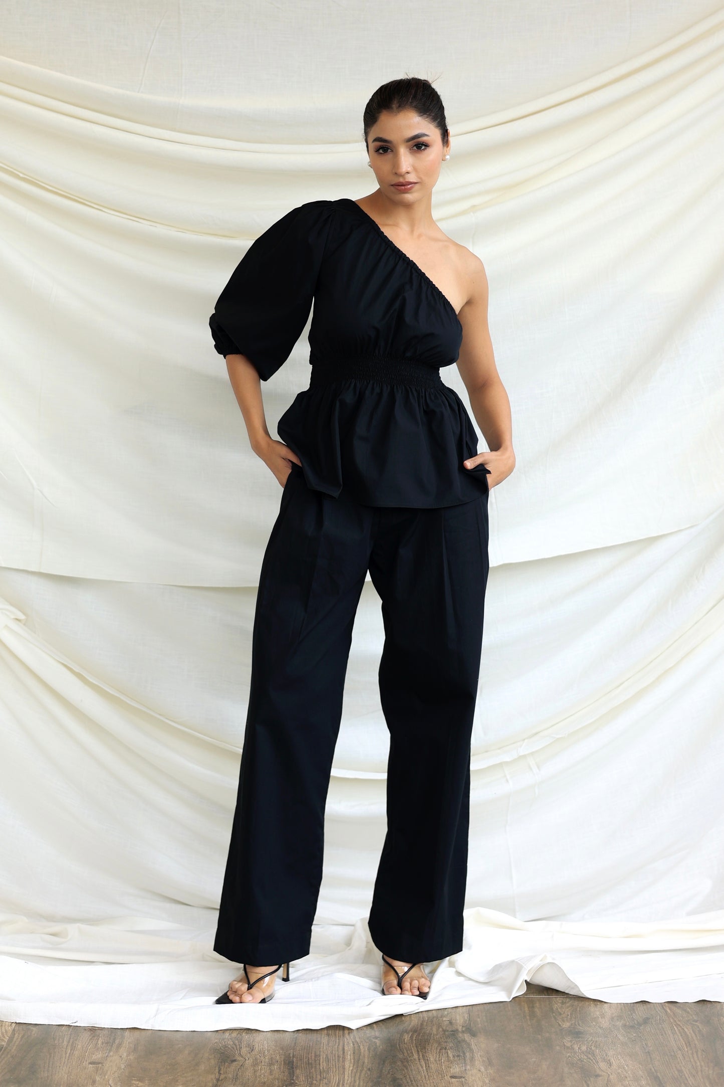 Black co-ord trouser and one shoulder top