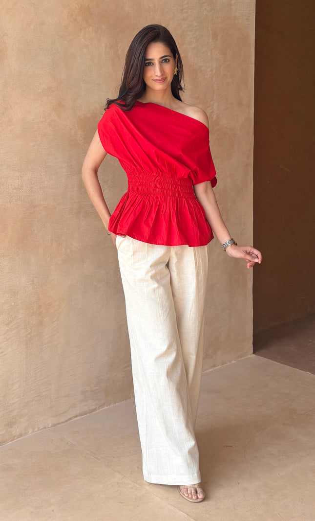 Red drop shoulder top