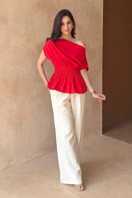 Red drop shoulder top