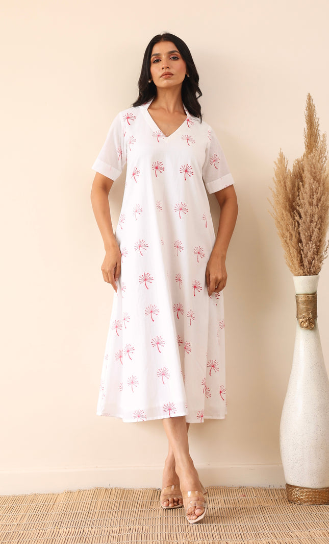 White cotton printed midi dress