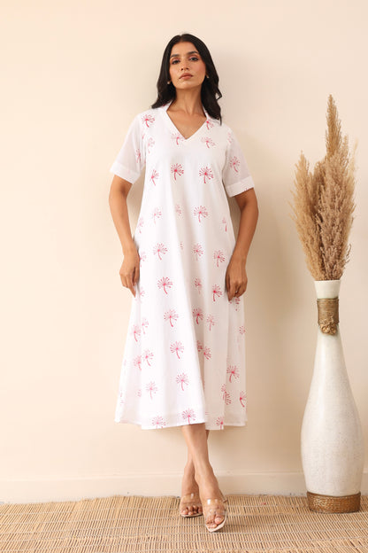 White cotton printed midi dress